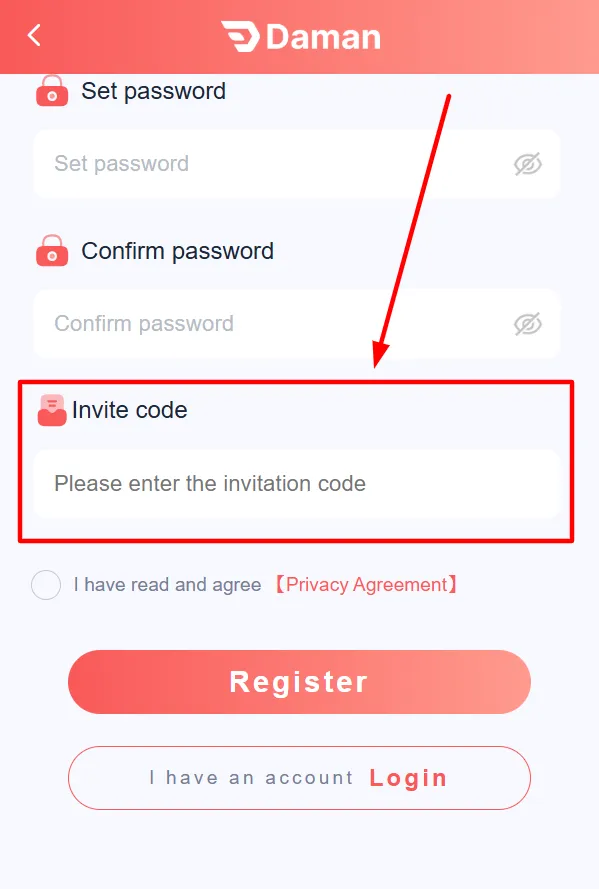 Daman Game registration page with the Invitation Code field highlighted